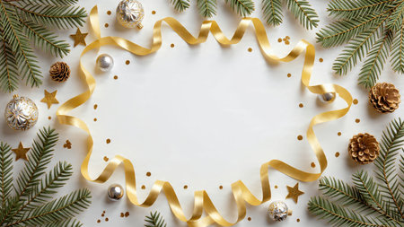 Classic Christmas border with dense pine foliage decorated with subtle gold ribbons and silver...