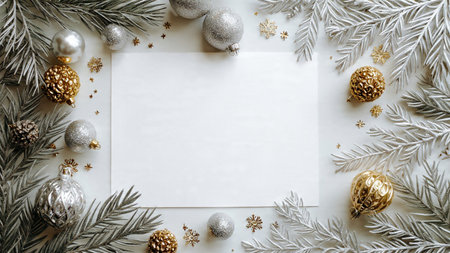 Winter greenery frame with symmetrical pine clusters and curling gold ribbons.の写真素材