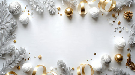 A premium flat-lay pine border featuring shimmering stars and baubles.