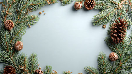Holiday composition featuring natural pine leaves and metallic shine.