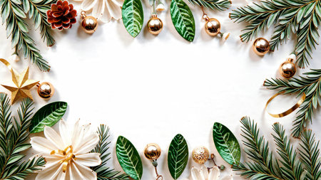 A festive pine frame highlighted by silver glitter and warm gold ornaments.