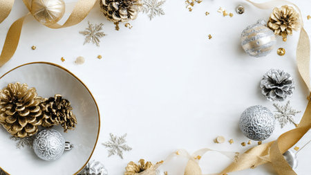 A modern symmetrical pine frame using gold bows and silver decorations to define the edges.