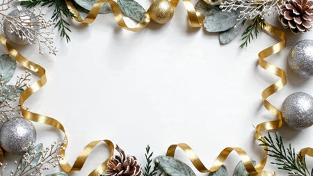 A warm Christmas border with lush pine clusters topped with mixed gold and silver decorations.の写真素材