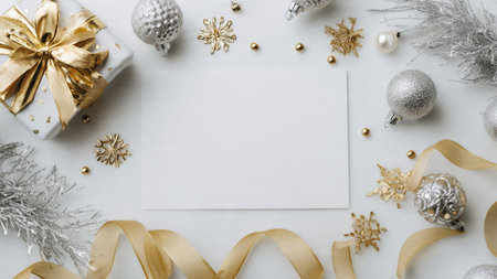 A soft Christmas border crafted from pine needles and metallic baubles around a bright white center.の写真素材