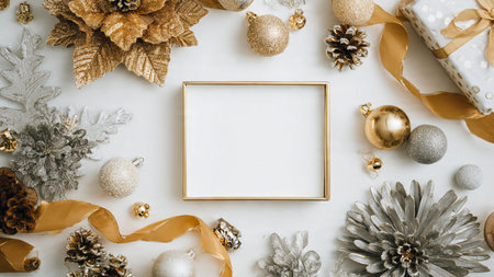 Traditional Christmas greenery border with evenly spaced gold and silver decorations.の写真素材