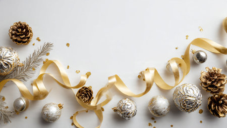 Clean winter greenery composition with symmetrical metallic decorations.の写真素材