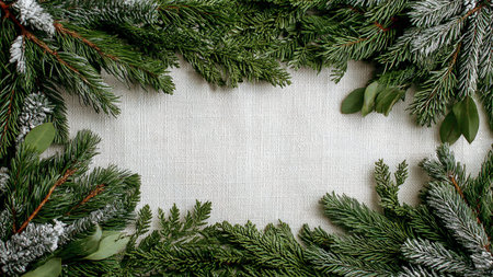 Classic pine arrangement with gold ribbon accents and silver decorative spheres.の写真素材