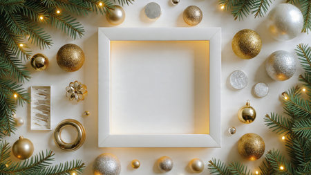 Holiday border with dense pine clusters and glittering decorations around a clean center.