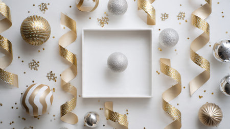 Clean winter frame using realistic pine textures, gold curls, and glossy ornaments surrounding a...