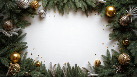 Luxury holiday design featuring soft-lit pine greenery with metallic Christmas ornaments.の写真素材