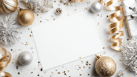 A stylish pine frame with decorative metallic accents forming a professional Christmas layout.の写真素材