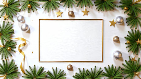 Cozy seasonal frame featuring pine greenery, gold ribbon waves, and soft silver ornament highlights.の写真素材