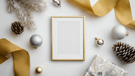 A premium composition with natural pine stems and metallic accents arranged vertically along a white center.の写真素材