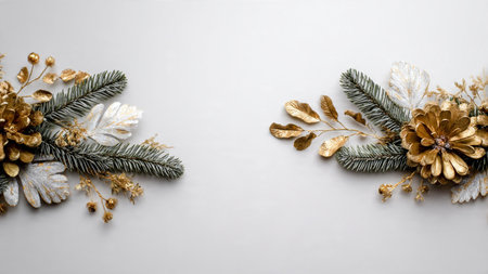 Christmas layout with golden ribbon curls and silver shimmer accents on natural pine greenery.の写真素材
