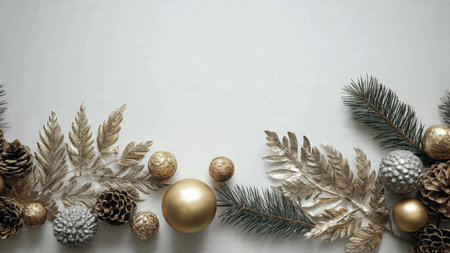 A bright winter border adorned with pine greenery, gold ribbons, and glittering silver ornaments.の写真素材