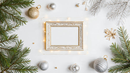 Clean and modern Christmas layout featuring lush pine textures with gold and silver accents framing...