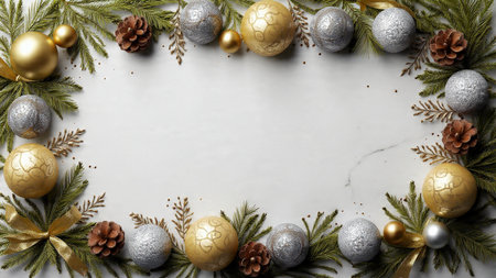 Festive frame lined with pine foliage, decorated gift elements, and softly glowing ornaments.
