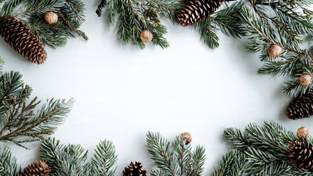 Premium holiday layout with lush pine, pinecones, and metallic ornament touches.