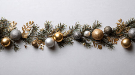 A festive decorative frame using silver ornaments, pine textures, and gold ribbon accents.の写真素材