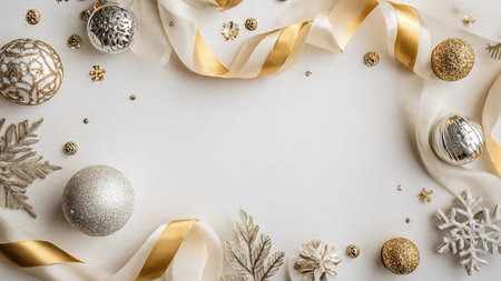 A luxury Christmas layout with detailed pine textures and glossy metallic shapes flanking a bright center.の写真素材