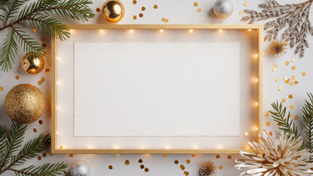 A rich festive frame with golden touches woven through pine leaves and shiny silver balls.