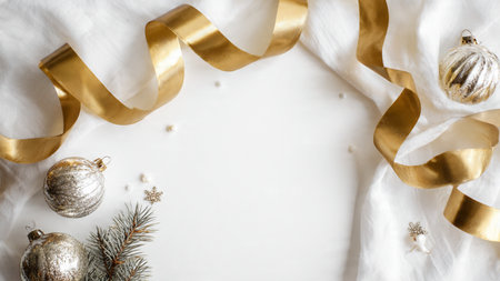 A festive symmetrical layout featuring lush pine leaves and shiny gold stars bordering a bright center.の写真素材