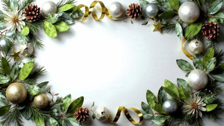 Holiday border with curled metallic ribbons and detailed pine textures.
