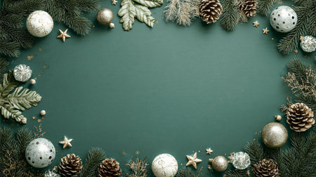 Bright holiday border with layered pine sprigs and metallic holiday accessories.