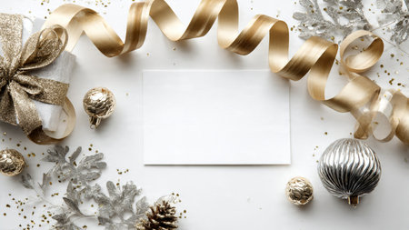 A modern decorative border combining fresh pine textures with glossy gold and silver baubles.の写真素材