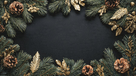 A natural pine layout accented with silver glitter balls and golden stars around a white background.の写真素材