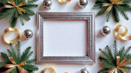 A festive border built with fresh pine and bright gold ribbons curling around the edges.の写真素材