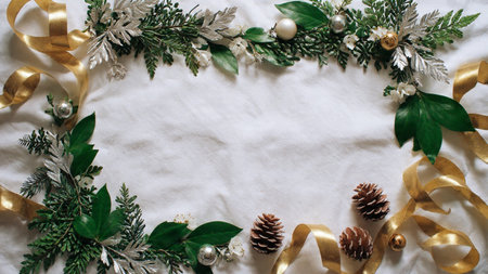 A crisp winter frame with pine sprigs and glitter ornaments neatly bordering an empty white middle...