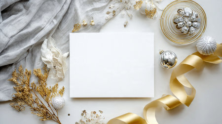 A simple yet elegant winter frame constructed with pine branches and metallic holiday elements.の写真素材