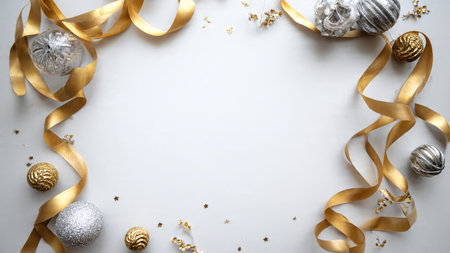 A Christmas-themed product frame surrounded by golden ribbons and silver baubles against fresh pine.の写真素材