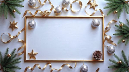 A clean white center framed by thick pine branches and metallic festive details.の写真素材