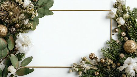 A rich winter greenery border with metallic touches placed thoughtfully for a luxurious look.