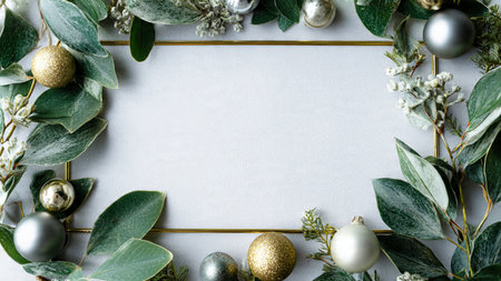A minimalist design featuring winter greenery and metallic ribbons framing an open white zone.