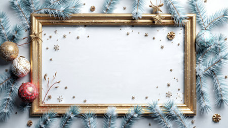 Holiday mockup with lush pine branches and glossy metallic Christmas decorations.