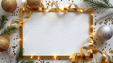 Modern holiday design with deep green pine and reflective metallic decorations along both edges.の写真素材