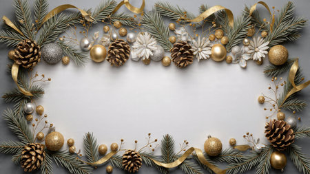 A bright holiday layout featuring natural pine greenery and metallic highlights.の写真素材