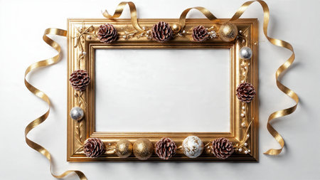 Clean and modern holiday design featuring pine sprigs and sparkling ornaments around a blank core.
