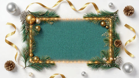 A sparkling holiday arrangement combining pine, pinecones, and festive metallic accents around the...