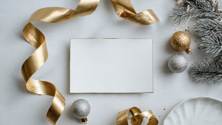 Premium flat lay Christmas design combining natural pine textures with glittering holiday decorations.の写真素材