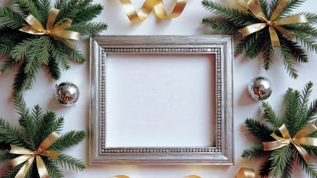 Elegant symmetrical border with premium pine and glossy metallic objects.の写真素材