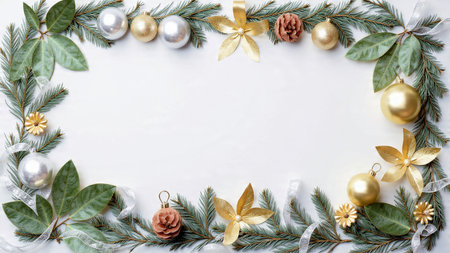 A natural pine layout accented with silver glitter balls and golden stars around a white background.