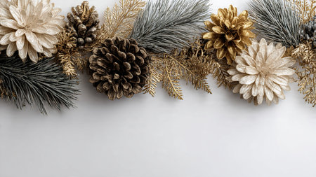 Winter botanical layout featuring symmetrical pine arrangements and shiny ornaments.の写真素材