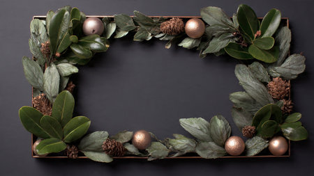 Festive frame glowing with soft light, gold accents, and delicate pine textures.の写真素材
