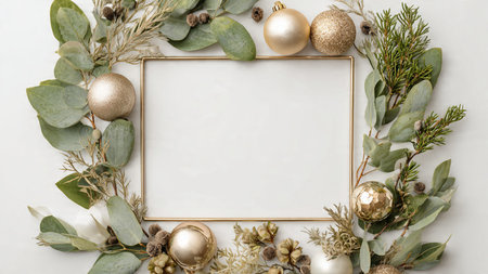 Winter greenery frame with symmetrical pine clusters and curling gold ribbons.