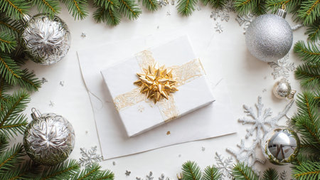 A modern symmetrical layout with pine leaves, pinecones, and metallic ornaments arranged with balanced precision.の写真素材