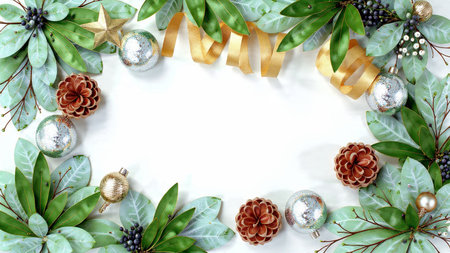 Soft-shadow festive frame with natural winter greenery and premium ornaments.